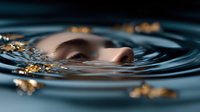 Serene face emerging from dark water with floating gold leaf flakes creating ripples and reflections in mysterious aquatic scene, artistic portrait photography.