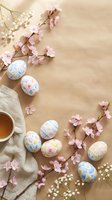 Easter celebration flat lay with decorated eggs, cherry blossoms and tea cup on beige background for spring holiday greeting cards and seasonal designs.
