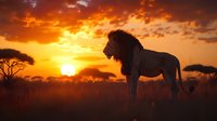 Majestic male lion silhouetted against vibrant orange African sunset with acacia trees on savanna horizon, dramatic cloudscape creates powerful wildlife scene.