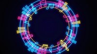 Colorful neon music notes forming circular frame on dark background. Glowing musical symbols in rainbow colors create vibrant border for entertainment design.