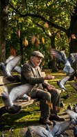 Elderly Caucasian man in vintage cap feeding pigeons on park bench surrounded by flying birds in golden sunlight through green trees for lifestyle content.