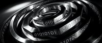 Digital spiral with binary code pattern in metallic chrome finish representing data flow, cybersecurity and modern technology concepts for business presentations.