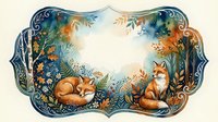 Decorative autumn forest frame with sleeping and sitting foxes among colorful foliage, ferns and ornate border for seasonal design projects.