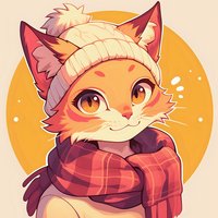 Cute cartoon fox character wearing winter knit hat and plaid scarf against orange circle background, anime style illustration with warm cozy mood.