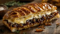 Grilled sandwich with melted cheese and caramelized onions on crusty bread, served on rustic wooden board with fresh herbs and golden-brown crispy exterior.