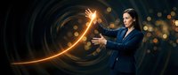 Professional businesswoman in navy suit manipulating glowing energy streams with hands against dark background with golden bokeh lights and circular motion effects.