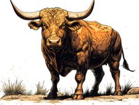 Powerful brown bull with long horns standing on dusty ground, artistic illustration in detailed pen and ink style with rich golden-brown coloring and dramatic lighting.
