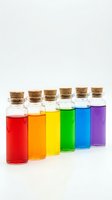 Six glass bottles with cork stoppers containing rainbow colored liquids arranged in spectrum order on white background for laboratory experiments.