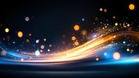 Abstract glowing wave with golden light trail and blue sparkles against dark background, magical bokeh effect and shining particles for festive designs.