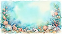 Watercolor ocean frame with seashells, starfish and coral creating decorative border on turquoise background for marine themed designs and summer projects.