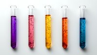 Laboratory test tubes filled with colorful liquid chemicals in purple, pink, yellow, orange and blue, arranged in row on white background. Scientific research concept.