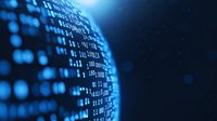Digital binary code matrix with glowing blue data streams flowing across curved surface representing cybersecurity, programming and futuristic technology concepts.