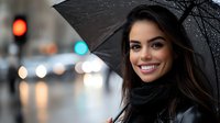 Young Hispanic woman with bright smile holding black umbrella in rainy city street with bokeh lights and urban atmosphere in background.