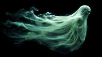 Ethereal ghostly figure with flowing translucent green and teal wisps against black background, isolated for supernatural, horror, and fantasy design projects.