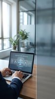 Professional using laptop for digital legal services in modern office with glass partitions and natural lighting for business technology concepts.