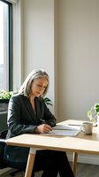 Mature businesswoman with gray hair writing documents at wooden desk in modern office with natural light and plants for professional workspace concepts.