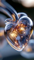 Transparent glass heart with golden light reflections and warm glow creating romantic atmosphere for love and Valentine's Day concepts.