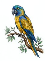 Blue and gold macaw perched on branch with green foliage, isolated on white background. Suitable for wildlife illustrations, educational materials, and design projects.