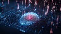 Digital fingerprint scan visualization on circuit board with glowing blue and pink particles, cyber security concept showing biometric authentication technology.