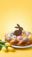 Easter braided bread with colorful eggs and wooden bunny decoration on yellow background for spring holiday celebration and festive baking projects.