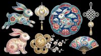 Decorative Chinese zodiac rabbit set with lantern, coins, fan, and floral elements, isolated on transparent background, ready for sublimation, stickers, and print on demand.