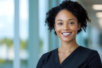 Young African American female healthcare worker with natural curly hair and bright smile wearing black medical scrubs in modern hospital setting.