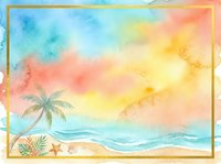 Tropical beach sunset with palm tree, golden frame border, watercolor style artwork for travel, vacation, and summer design projects.
