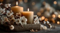 Warm candles with spring cherry blossoms on rustic burlap create cozy ambiance with soft bokeh lights for relaxation and home decor.