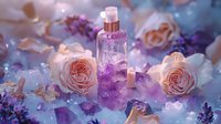 Elegant glass bottle with purple liquid surrounded by delicate peach roses, lavender flowers and scattered crystals in dreamy pastel composition.