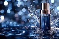 Blue glass bottle with metallic cap splashing in water against dark bokeh background, dynamic water drops and splash effects create luxury cosmetic mood.