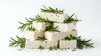 Stacked white cheese cubes with fresh rosemary sprigs, parsley, and peppercorns on white background. Suitable for food photography, culinary blogs, restaurant menus, cooking websites, and gourmet food packaging designs.
