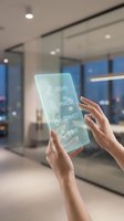 Woman holding transparent glass tablet displaying glowing neon text with create, analyze, connect, share icons in modern office with city skyline view.