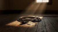 Vintage rope lasso on rustic wooden floor with dramatic sunlight streaming through window creating atmospheric shadows in western ranch interior.