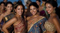 Joyful women in traditional Indian attire at cultural celebration, wearing ornate saris with detailed embroidery and jewelry, sharing genuine smiles during festive gathering.