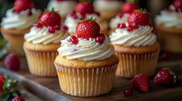 Vanilla cupcakes topped with swirled buttercream frosting, fresh strawberries and red currants on rustic wooden surface. Closeup of homemade dessert with soft focus background.
