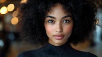 Young woman with curly afro hair and blue eyes in black turtleneck against blurred bokeh background, perfect for beauty and fashion advertising.