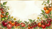 Vintage botanical frame with ripe tomatoes, fresh herbs, and garden produce arranged on cream background. Ideal for organic food packaging, recipe blogs, farmers market designs, and culinary publications.