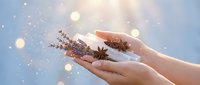 Hands holding dried lavender and star anise spices with magical bokeh lights creating dreamy atmosphere for aromatherapy and natural wellness concepts.