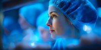 Female healthcare professional in surgical cap illuminated by blue light during medical procedure, focused expression showing concentration and expertise.