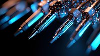 Glowing fiber optic cables emit blue light in dark background with shallow depth of field, creating modern technology and connectivity concept.