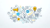 Business marketing strategy concept with icons including megaphone, lightbulb, charts, shopping cart and gears on white background for presentations.