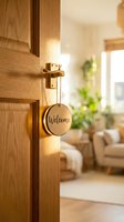 Wooden welcome sign hanging on an open door with a warm, sunlit living room in the background, evoking a cozy home atmosphere.