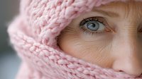Close up view of bright blue eye and facial wrinkles of mature Caucasian woman partially covered with soft pink knitted winter scarf or shawl in natural lighting.