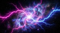Electric lightning bolts in cosmic space with purple and blue energy discharge against starry nebula background for sci-fi and fantasy designs.