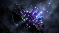 Dark fantasy dragon breathing magical purple and blue energy flames with glowing particles against stormy sky background for gaming and entertainment designs.