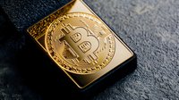 Golden cryptocurrency bitcoin symbol on lighter against dark textured background, macro shot highlighting metallic details and reflective surface.