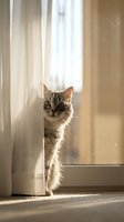 Curious tabby cat peeking from behind white curtain in warm sunlight by window, playful pet moment captured indoors.