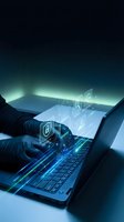 Cybersecurity expert working on laptop with holographic shield icons and digital security interface in dark environment for data protection concepts.