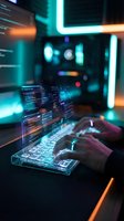 Futuristic programmer hands typing on holographic keyboard with glowing code interface in cyberpunk neon environment for technology and software development.