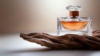 Elegant perfume bottle with amber liquid resting on twisted driftwood against soft beige background, showcasing luxury fragrance product.